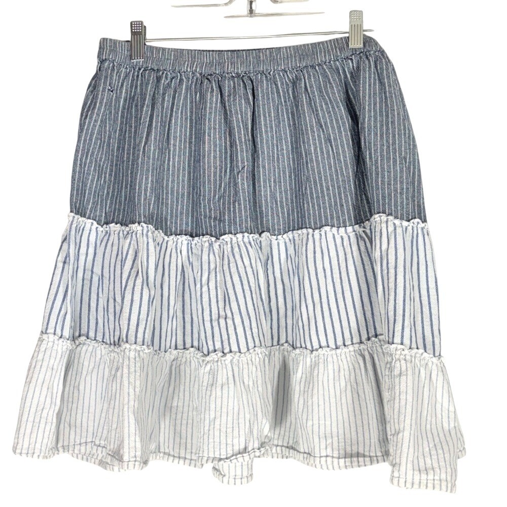 Life Style Striped Blue Tiered Chambray Cotton Skirt size Medium - Picture 4 of 6